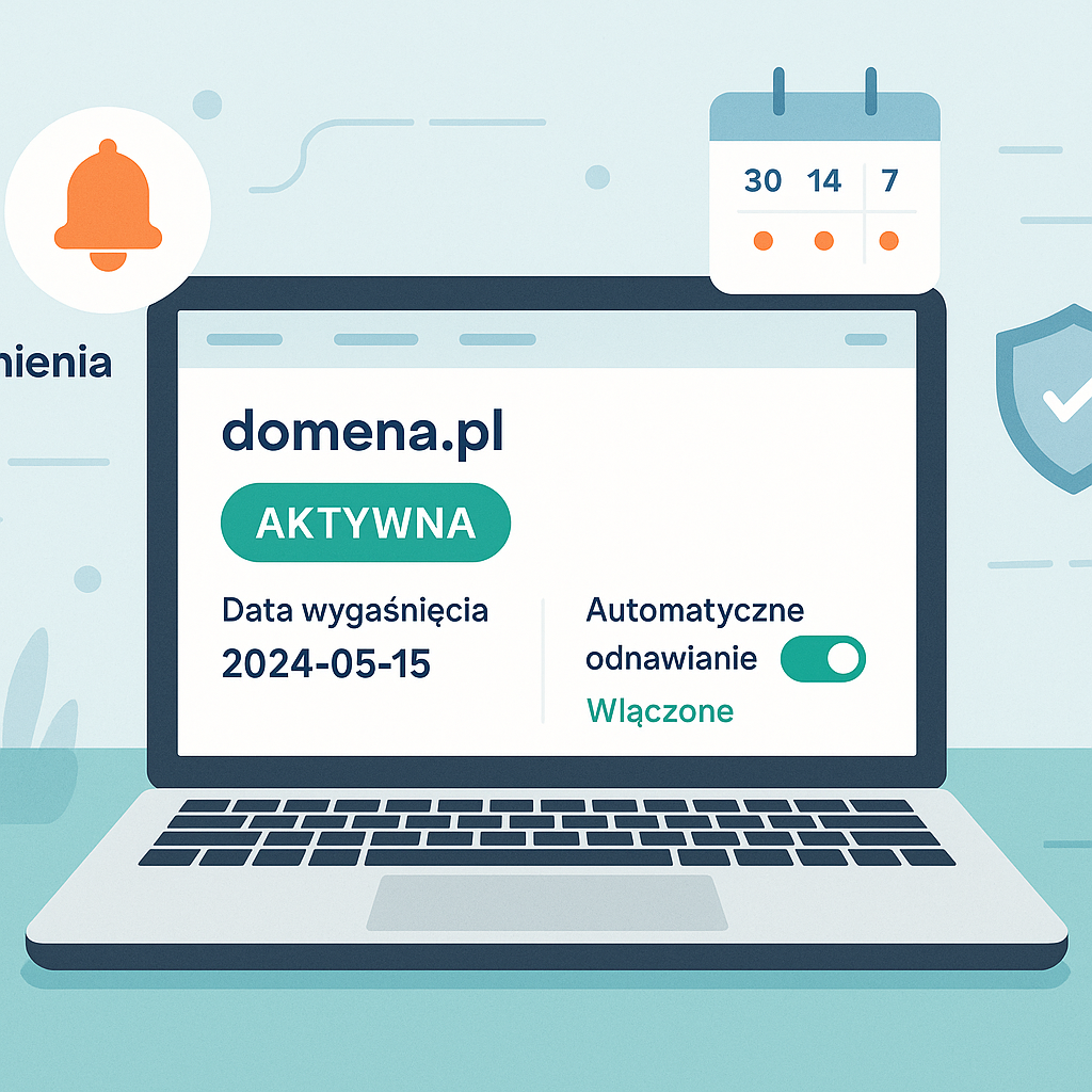 Ilustracja hero: monitorowanie ważności domeny – kalendarz, przypomnienia i automatyczne odnawianie (.pl, .com).