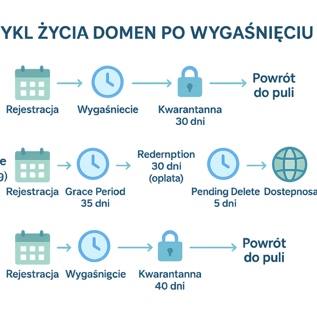 Infografika cyklu życia domeny: rejestracja, wygaśnięcie, grace/kwarantanna, redemption, pending delete, powrót do puli (.pl, globalne, .eu).
